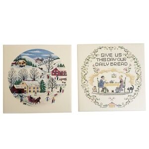 Hyalyn USA Folk Art Wall Tile/ Trivet Set 2: Winter Town & Daily Bread Americana